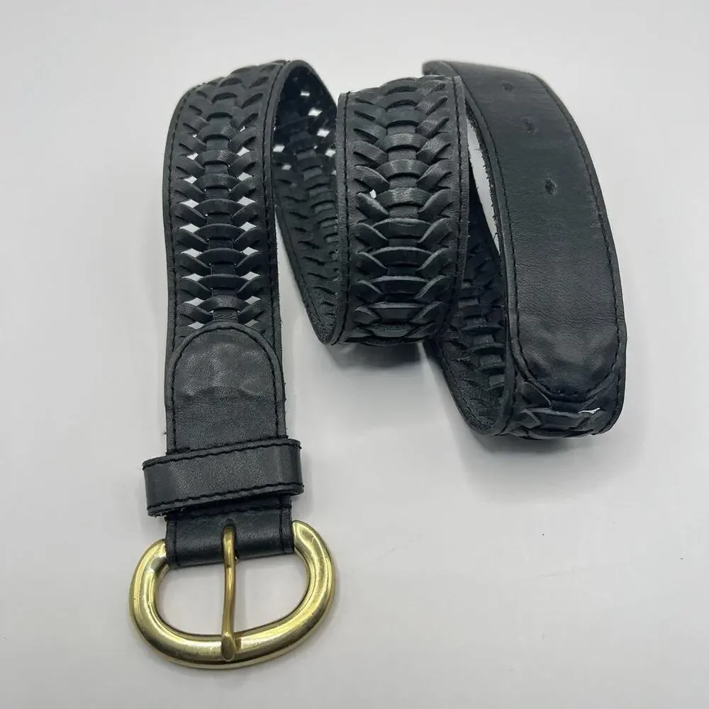Vintage Brass and Black Leather Woven Belt